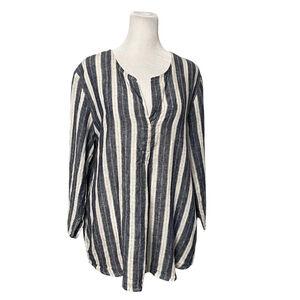 CP Shades Bue Stripe Linen 3/4 Sleeve Vneck Top Size Medium